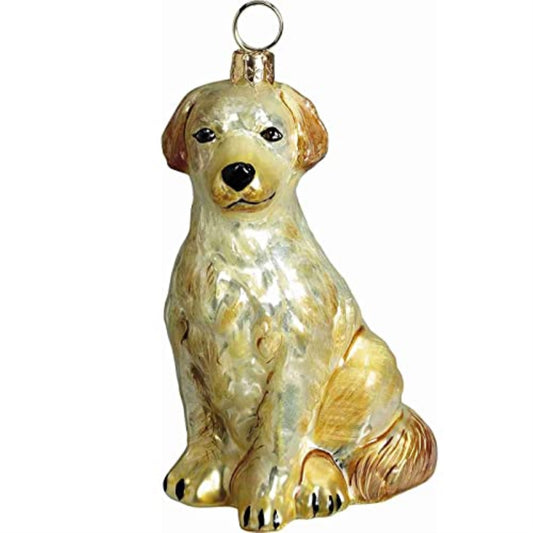Joy to the World Sitting Golden Retriever Dog Polish Glass Christmas Tree Ornament Pet Decoration