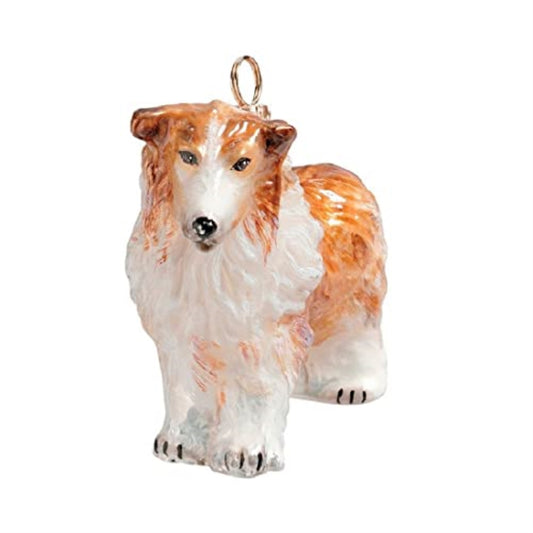 Joy to the World Rough Border Collie Standing Dog Polish Blown Glass Christmas Ornament
