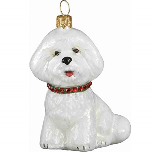 Joy to the World Bichon Frise with Red and Green Collar Polish Glass Christmas Tree Ornament