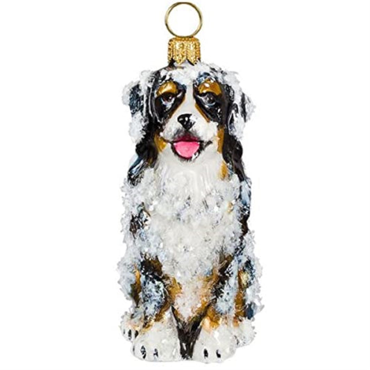 Joy to the World Snow Covered Sitting Bernese Mountain Dog Polish Glass Christmas Ornament