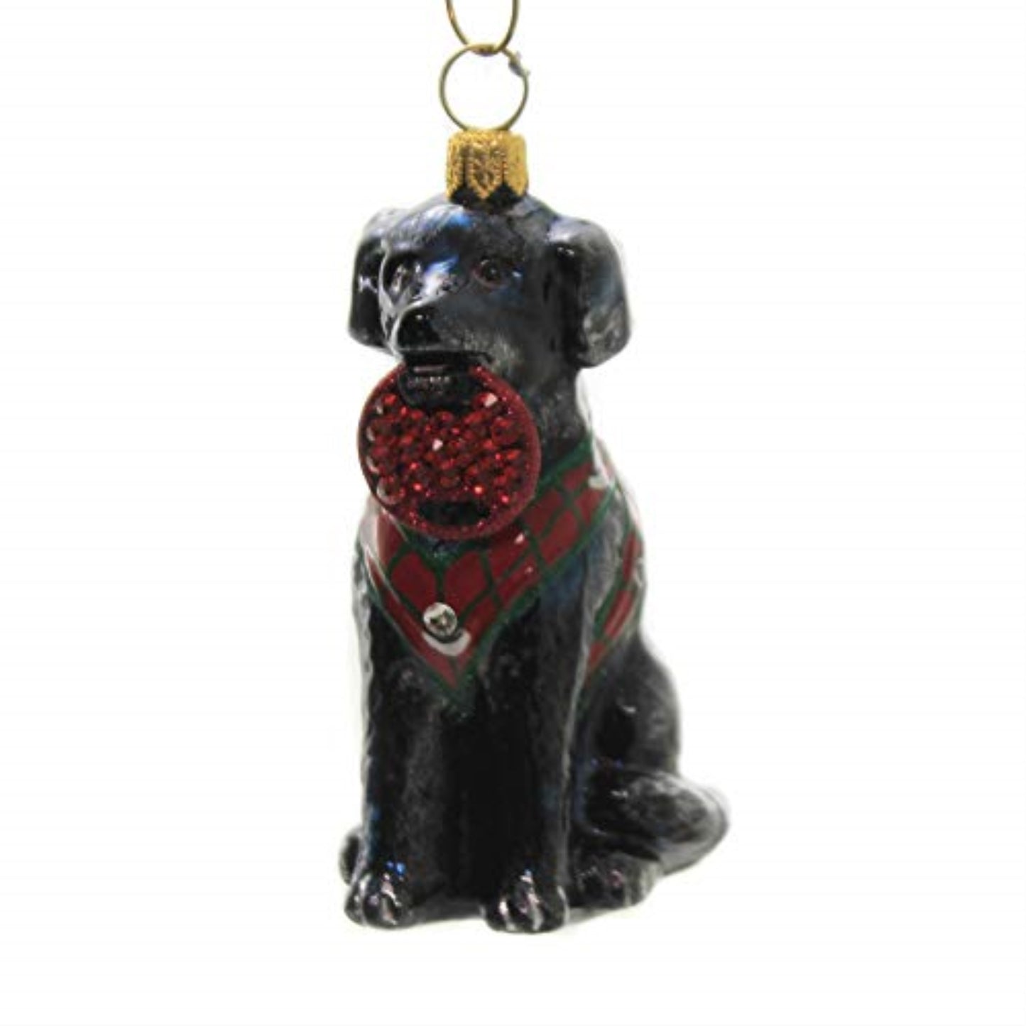 Joy To The World Black Lab In Vest Polish Glass Ornament Fetching Ring Dog