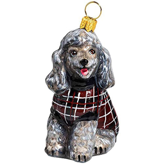 Joy to the World Gray Poodle in Checked Sweater Polish Glass Christmas Ornament