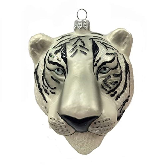 Pinnacle Peak Trading White Tiger Head Figural Polish Glass Christmas Tree Ornament Wild Cat Animal