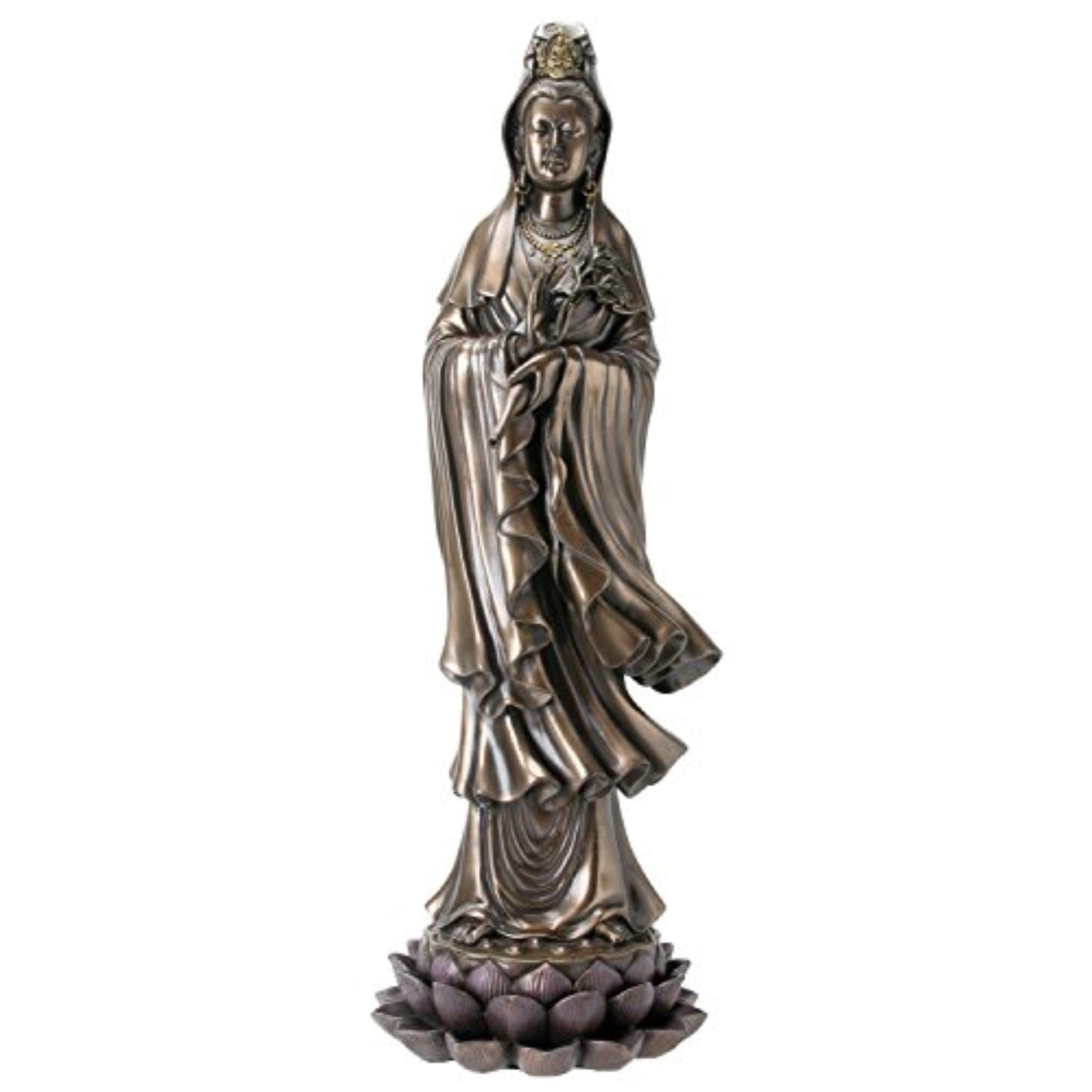 Kuan Yin Buddhist Bodhisattva of Compassion Guan Yin Standing on Lotus Statue 16.25 inch