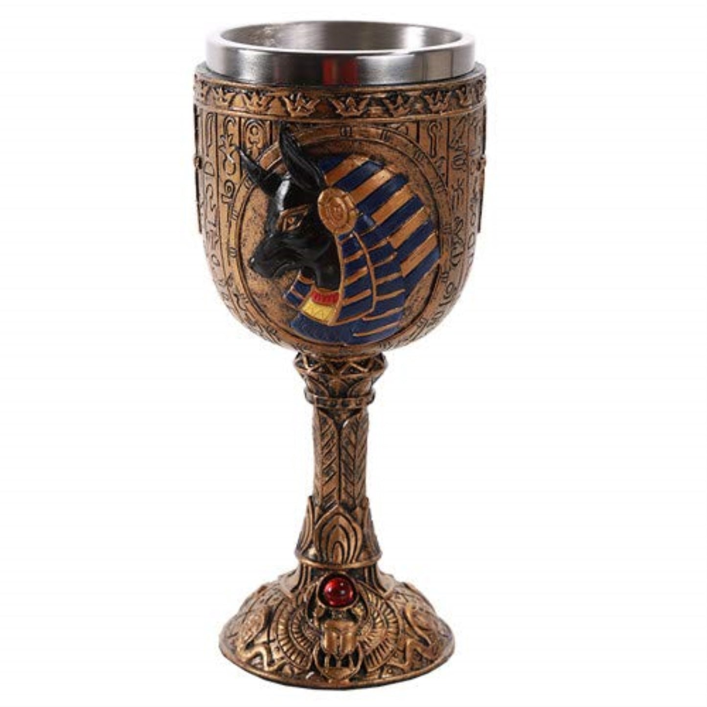 Egyptian Anubis God of Underworld Golden Wine Goblet Chalice Cup Resin Body Stainless Steel Cup 6 ounce