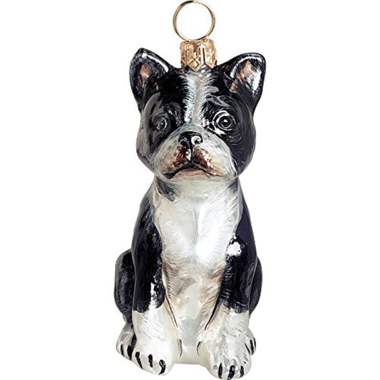 Joy to the World Boston Terrier Sitting Dog Blown Glass Polish Christmas Ornament Tree Decoration