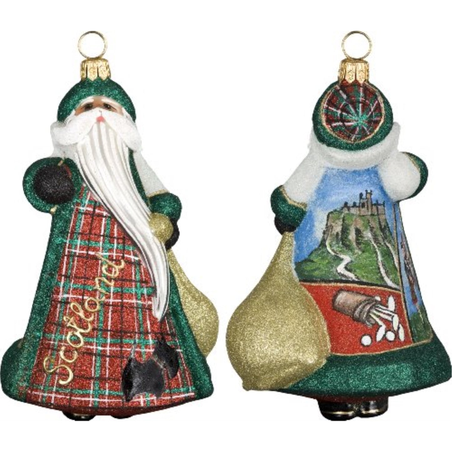 Joy to the World Scotland Scottish Santa with Castle Polish Glass Glitterazzi Christmas Ornament