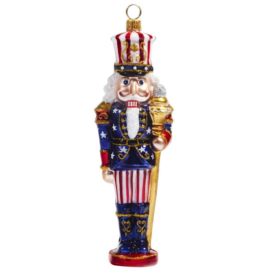 Joy to the World Stars and Stripes Nutcracker Polish Glass Christmas Ornament American Flag USA