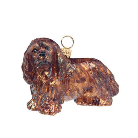 Joy to the World Ruby Cavalier King Charles Spaniel Dog Polish Blown Glass Christmas Ornament