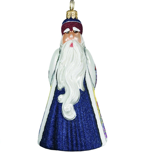 Joy to the World Glitterazzi Britain Santa with Double Decker Bus Polish Glass Christmas Ornament