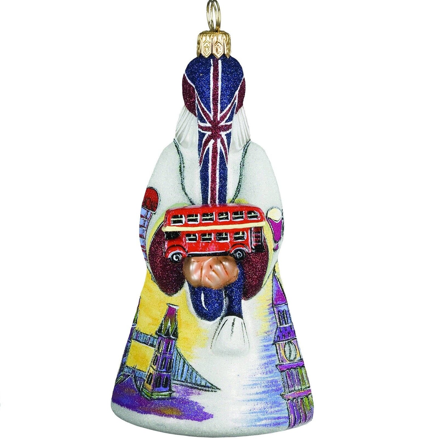 Joy to the World Glitterazzi Britain Santa with Double Decker Bus Polish Glass Christmas Ornament
