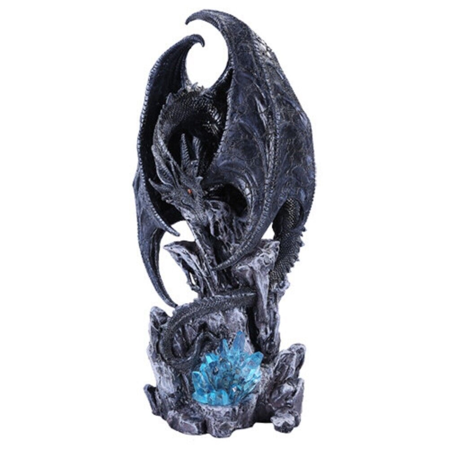 Large Dark Age Black Dragon with LED Light Blue Crystal Rock Statue Figurine 18 inch
