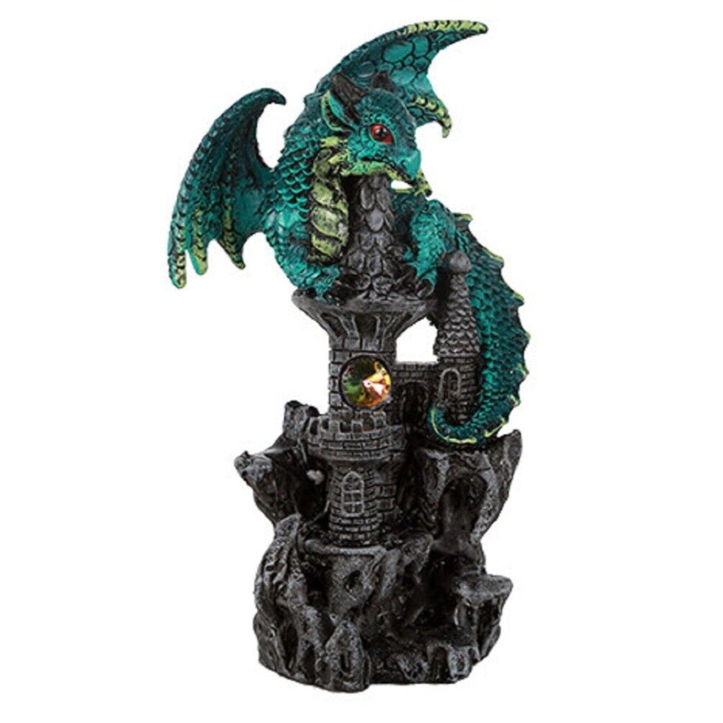 Green Guardian Dragon on Castle Figurine Medieval Mythical Fantasy Decoration 5.5 inch
