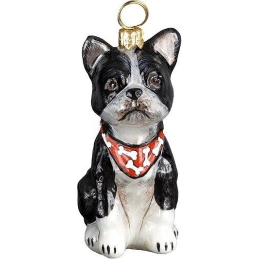 Joy to the World Boston Terrier with Bandana Dog Polish Blown Glass Christmas Ornament Decoration