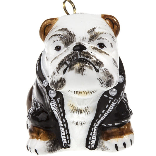 Joy to the World Bulldog In Motorcycle Jacket Polish Glass Christmas Ornament Pet Dog Made Poland