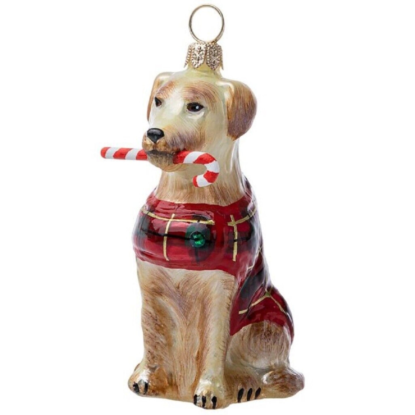 Joy To The World Yellow Lab with Candy Cane and Plaid Coat Polish Glass Ornament