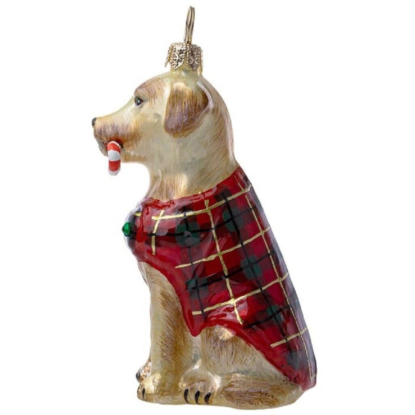 Joy To The World Yellow Lab with Candy Cane and Plaid Coat Polish Glass Ornament
