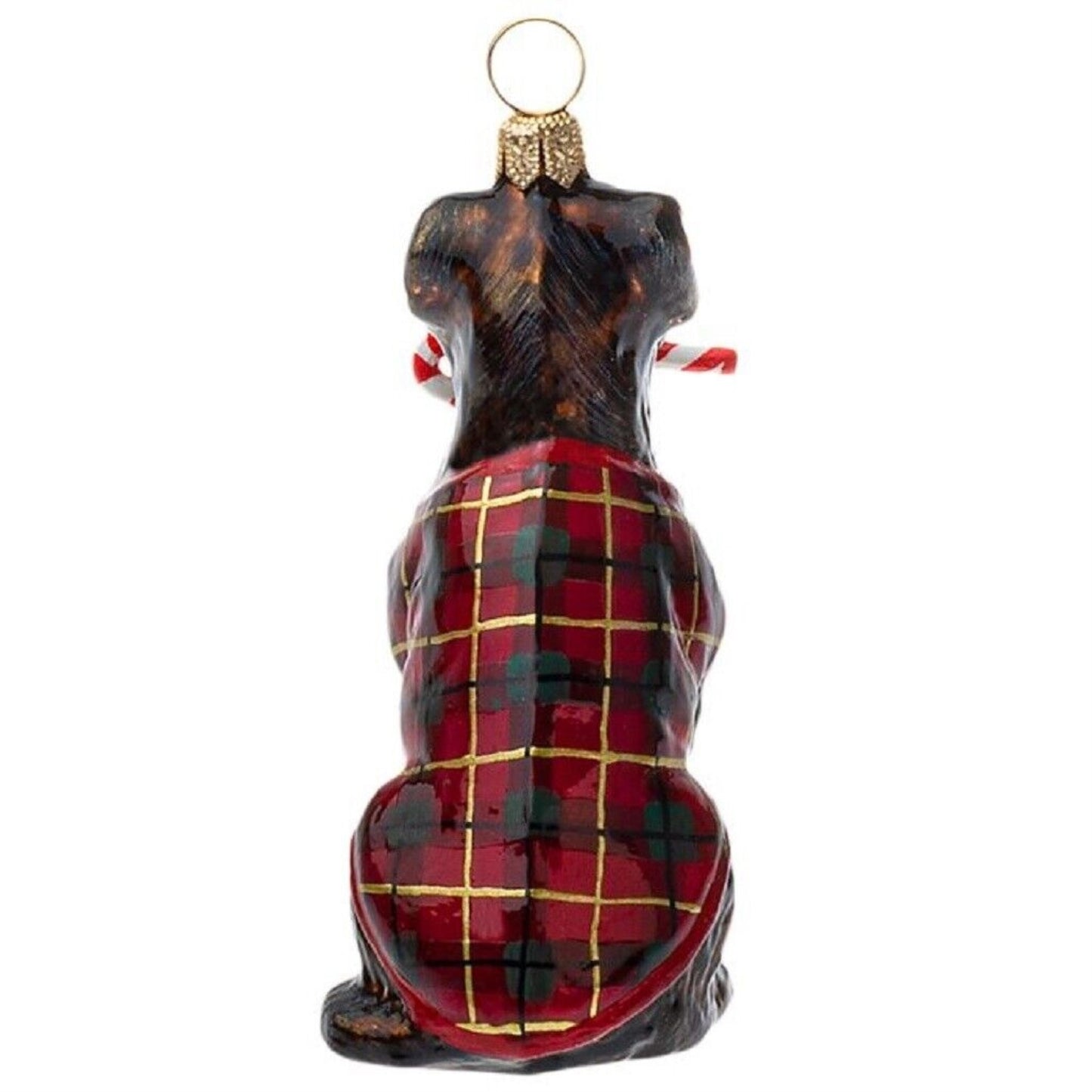 Joy To The World Chocolate Lab with Candy Cane and Coat Polish Glass Ornament