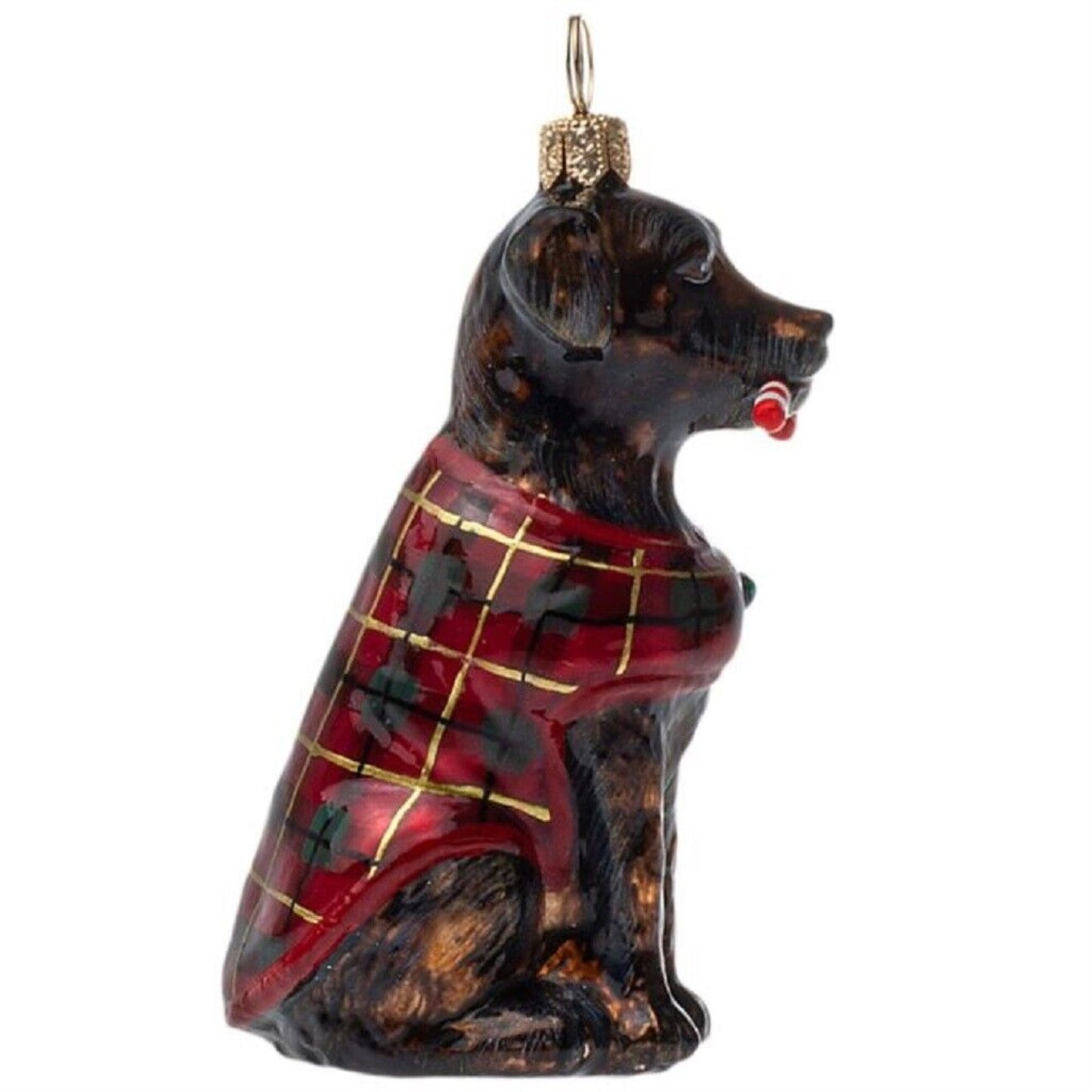 Joy To The World Chocolate Lab with Candy Cane and Coat Polish Glass Ornament