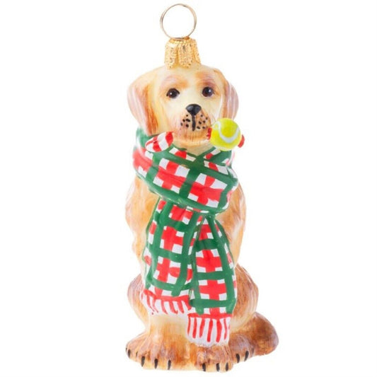 Joy To The World Golden Retriever with Tartan Plaid Scarf and Toy Glass Ornament