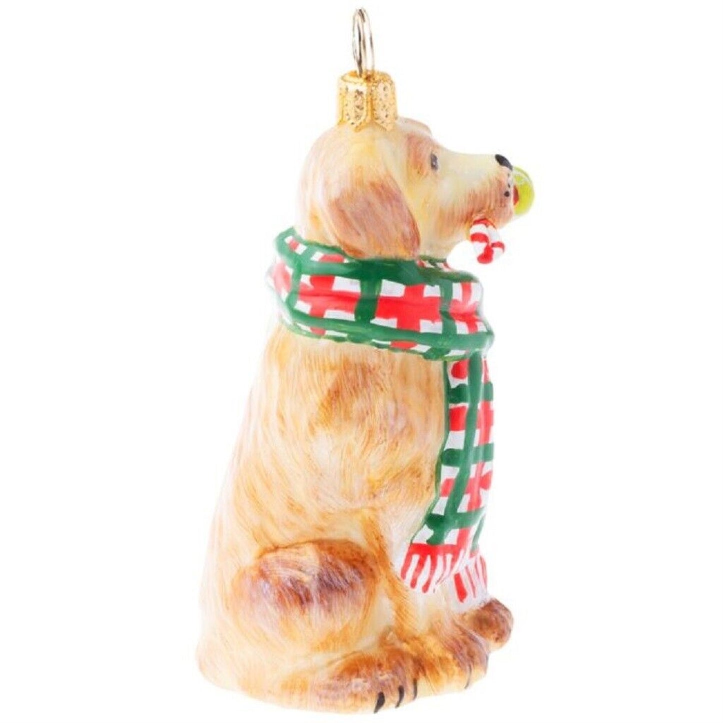 Joy To The World Golden Retriever with Tartan Plaid Scarf and Toy Glass Ornament