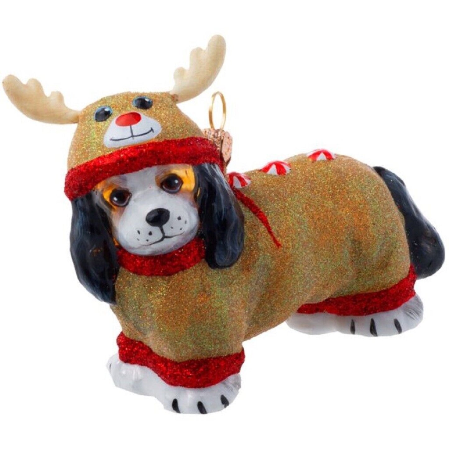 Joy To The World Tri Color Cavalier King Charles in Reindeer Pajamas Ornament