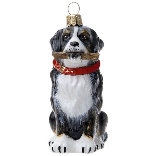 Joy To The World Bernese Mountain Dog with Fetching Stick Polish Glass Ornament