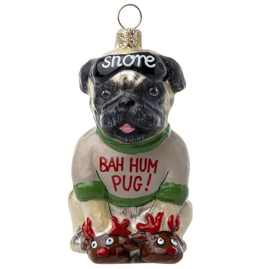 Joy To The World Bah Hum Pug Fawn Dog Polish Glass Christmas Tree Ornament