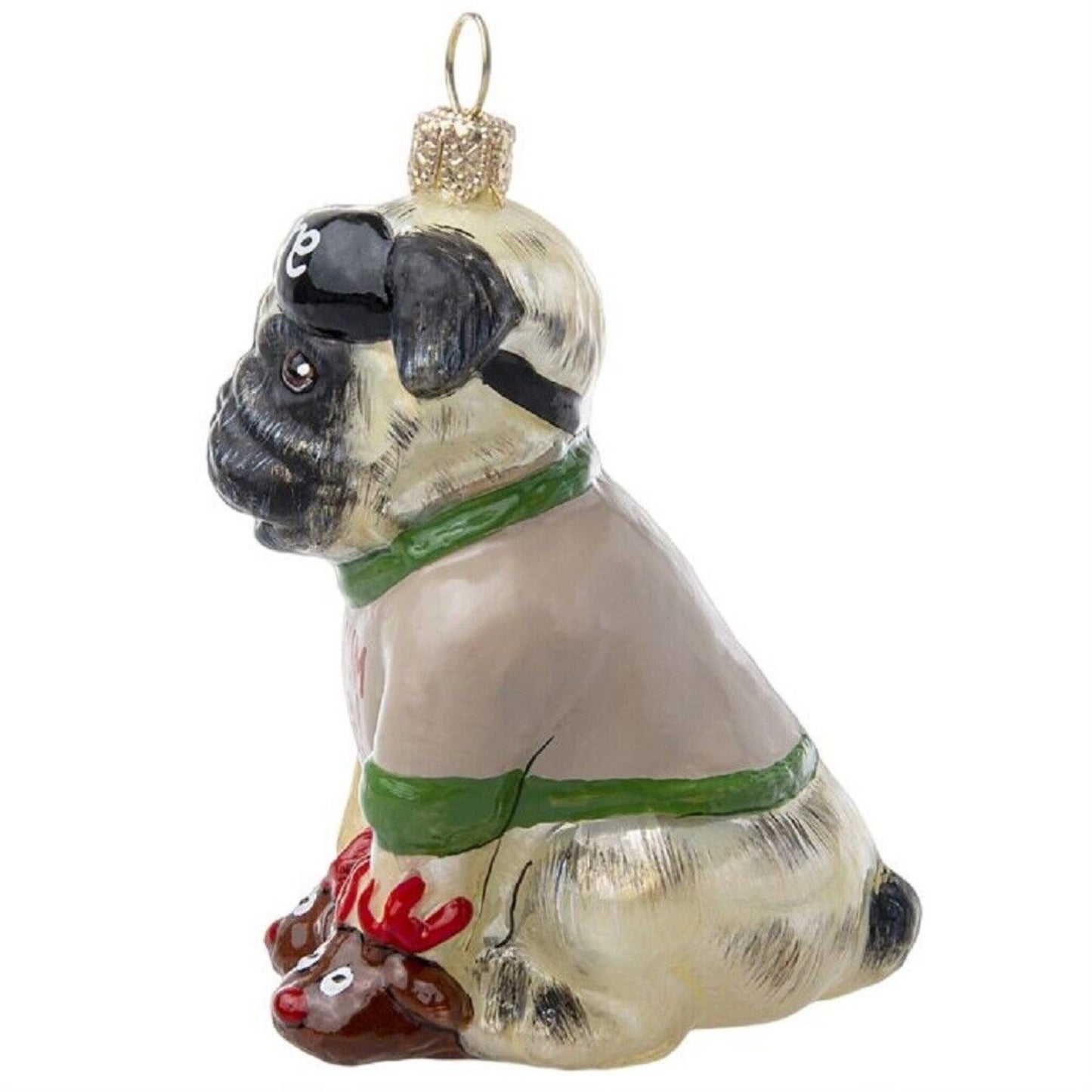 Joy To The World Bah Hum Pug Fawn Dog Polish Glass Christmas Tree Ornament