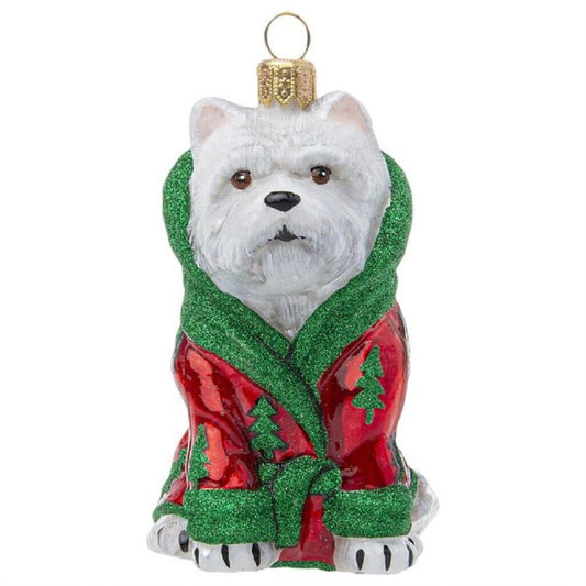 Joy To The World White Westie in Christmas Robe Dog Polish Glass Ornament
