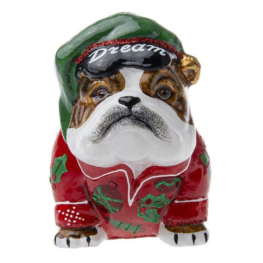 Joy To The World Bulldog in Christmas Pajamas Polish Glass Christmas Ornament
