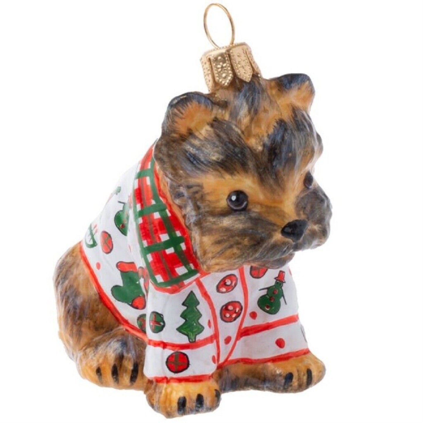 Joy To The World Yorkshire Terrier in Tartan Plaid Christmas Pajamas Ornament