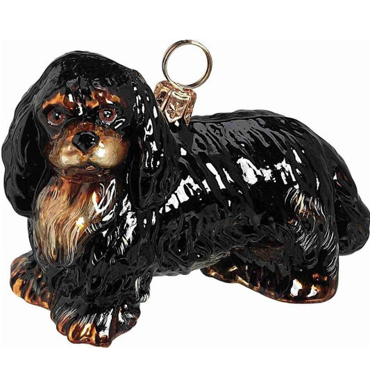 Joy to the World Black and Tan Cavalier King Charles Spaniel Dog Polish Glass Christmas Ornament