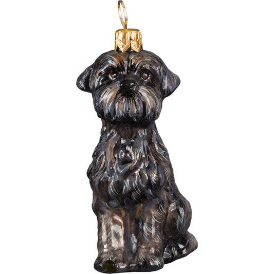 Joy to the World Affenpinscher Sitting Dog Blown Glass Polish Christmas Ornament Decoration