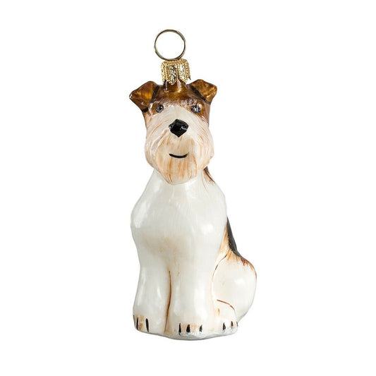 Joy to the World Wire Coat Fox Terrier Sitting Dog Polish Blown Glass Christmas Ornament
