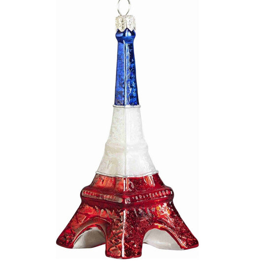 Joy to the World French Flag Colored Eiffel Tower Paris France Polish Glass Christmas Ornament
