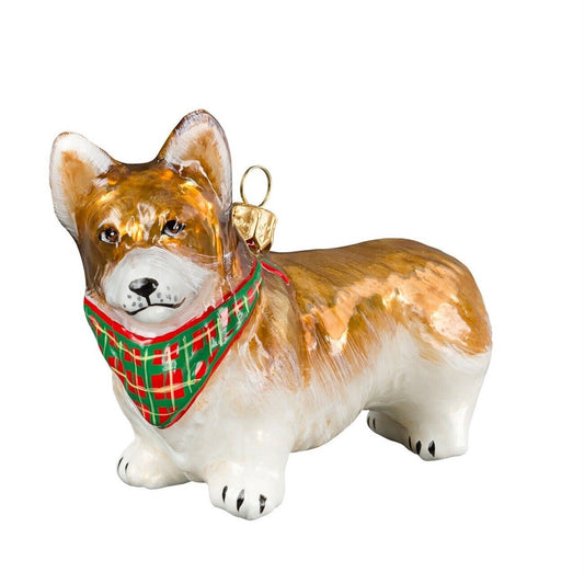 Joy to the World Pembroke Welsh Corgi Standing Dog with Bandana Polish Glass Christmas Ornament