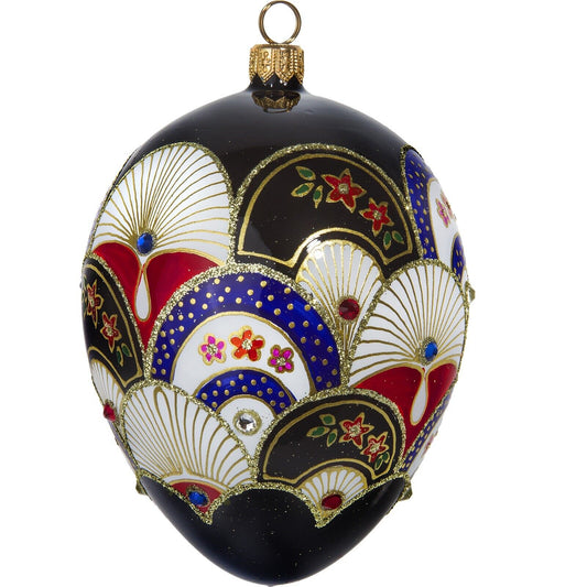 Joy to the World Japanese Fan Jeweled Egg Polish Glass Christmas Ornament