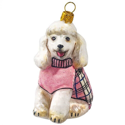 Joy to the World White Poodle in Black and White Checkered Sweater Polish Glass Dog Ornament