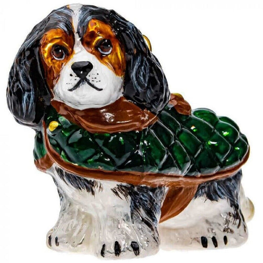 Joy to the World Tri Color Cavalier King Charles Spaniel in Quilted Coat Polish Glass Ornament