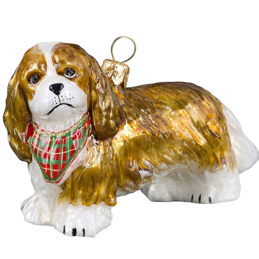 Joy to the World Blenheim Cavalier King Charles Spaniel with Tartan Bandana Polish Glass Ornament