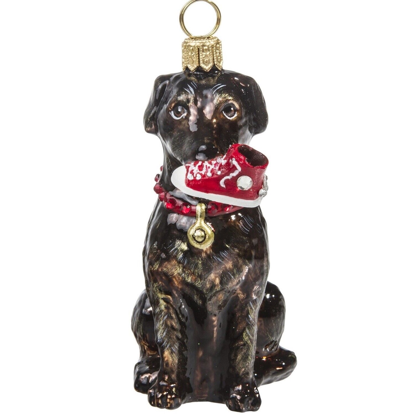 Joy to the World Chocolate Lab with High Top Sneaker Polish Glass Christmas Ornament Labrador Dog