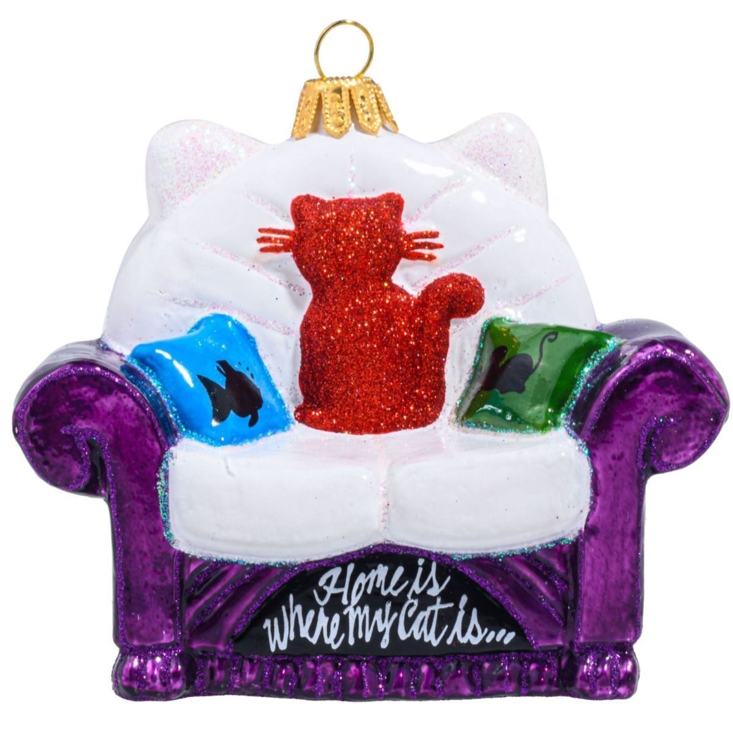 Joy to the World Home is Where My Cat Is Couch Polish Glass Tree Ornament