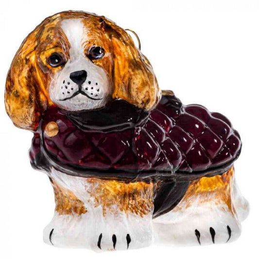 Joy to the World Blenheim Cavalier King Charles Spaniel in Quilted Coat Polish Glass Ornament