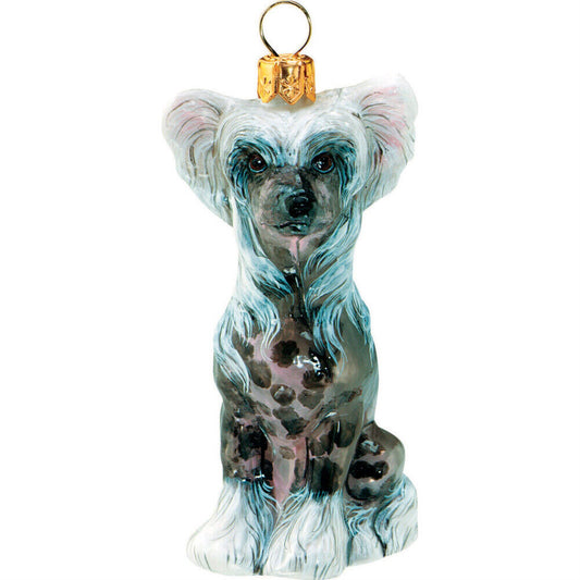 Joy to the World Chinese Crested Hairless Dog Sitting Blown Glass Polish Christmas Tree Ornament