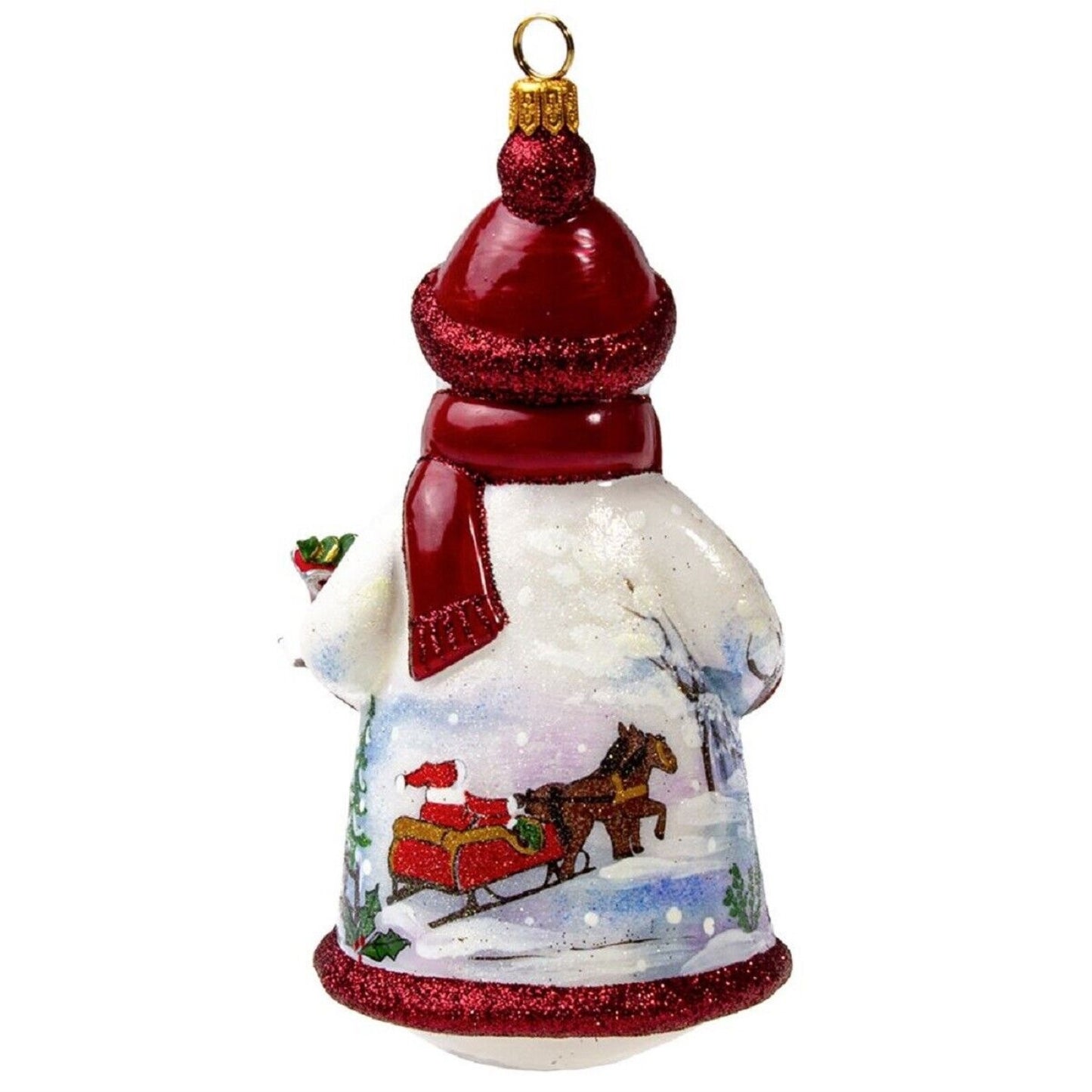 Joy to the World Glitterazzi Red and Silver Snowman Holding Sleigh Polish Glass Ornament