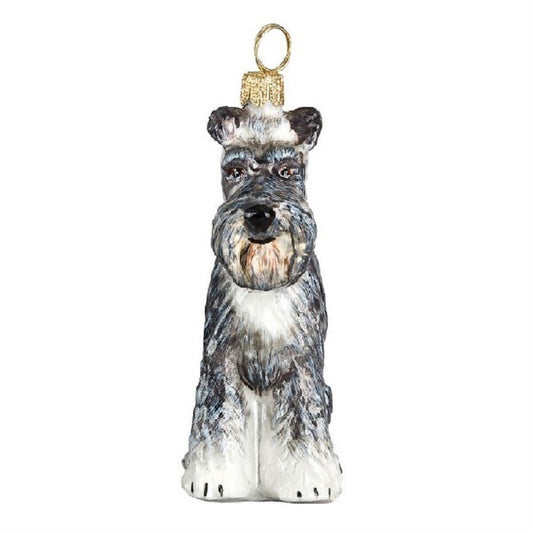 Joy to the World Gray Schnauzer with Floppy Ears Dog Polish Blown Glass Christmas Ornament