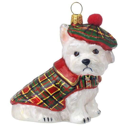 Joy to the World Westie Highlander Polish Glass Christmas Ornament