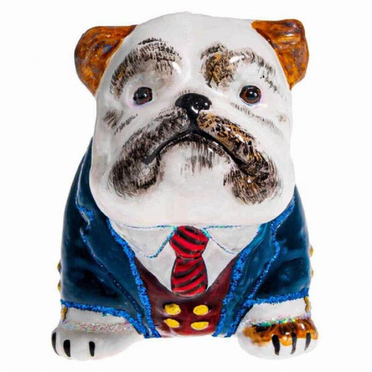 Joy to the World Brown and White Bulldog in Business Outfit Polish Glass Christmas Ornament