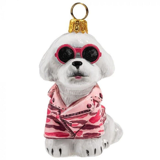 Joy to the World Bichon Frise in Pink Camo Coat and Sunglasses Polish Glass Christmas Ornament